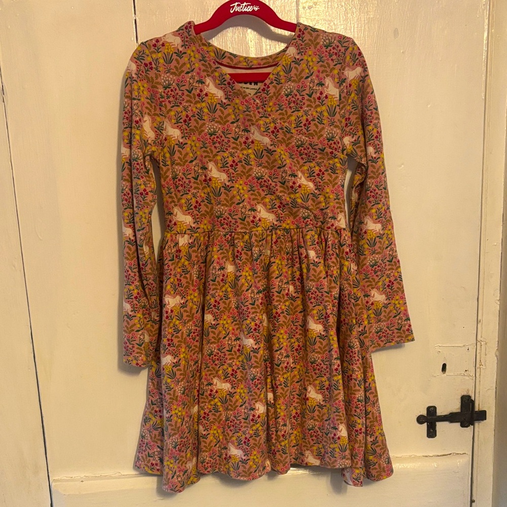 Mini Boden Pink Floral Unicorn Long-Sleeve Dress